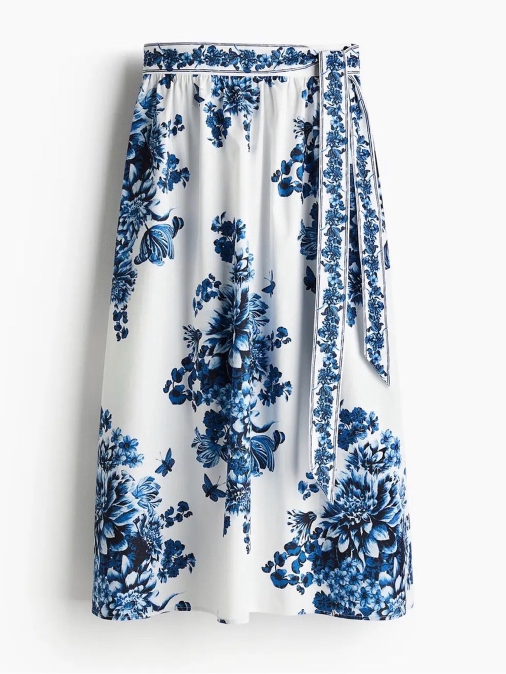 H&M White Midi Skirt with Blue Floral Print and Tie Waist